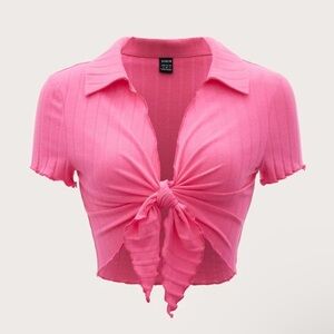 SHEIN Pink Notched Collar Tie-Front Blouse